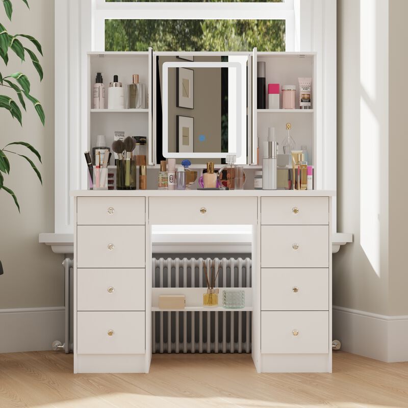 FUFU&GAGA Elegant Vanity Table with 9 Spacious Drawers and LED Mirror - 3 Lighting Modes (43.3”W x 19.7”D x 53.9”H),White