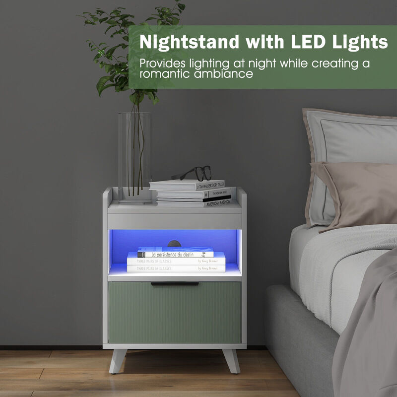 Modern Nightstand with LED Lights Sliding Drawer and Open Compartment