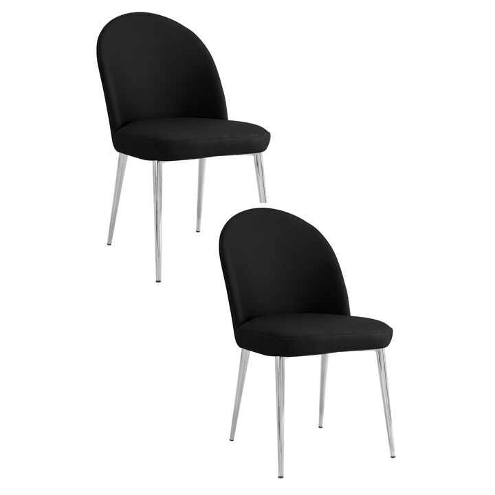Era 24 Inch Set of 2 Dining Chairs, Curved Back, Black Faux Leather, Chrome - Benzara
