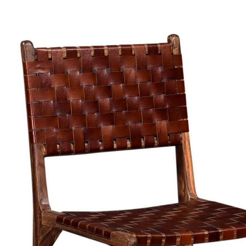 34 Inch Set of 2 Wood Dining Chairs, Leather Woven Back and Seat, Brown - Benzara