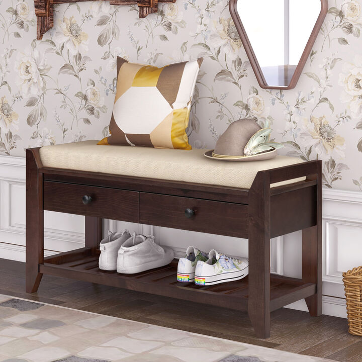 Shoe Rack With Cushioned Seat And Drawers, Multipurpose Entryway Storage Bench (Espresso)