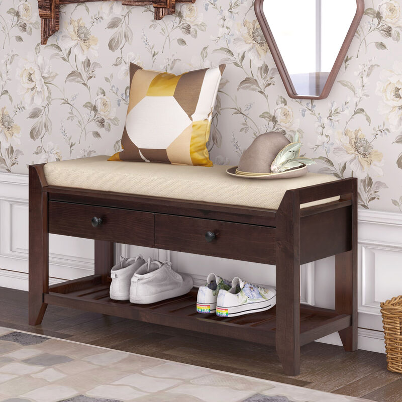 Shoe Rack With Cushioned Seat And Drawers, Multipurpose Entryway Storage Bench (Espresso)