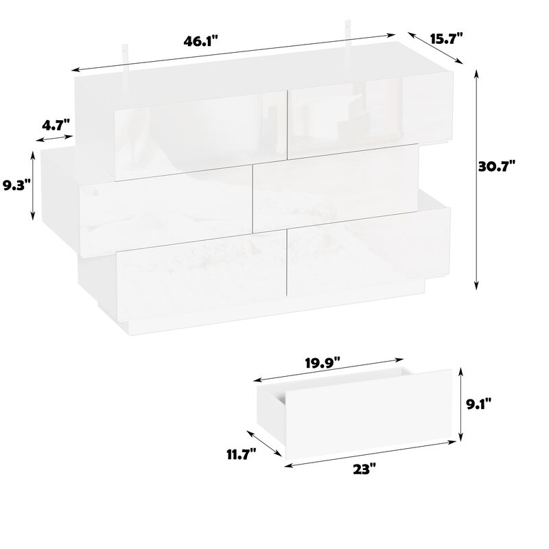 15.7 in. D x 30.7 in. H High Gloss White Wood 6-Drawer 46.1 in. W Chest of Drawers Storage Cabinet Modern Style