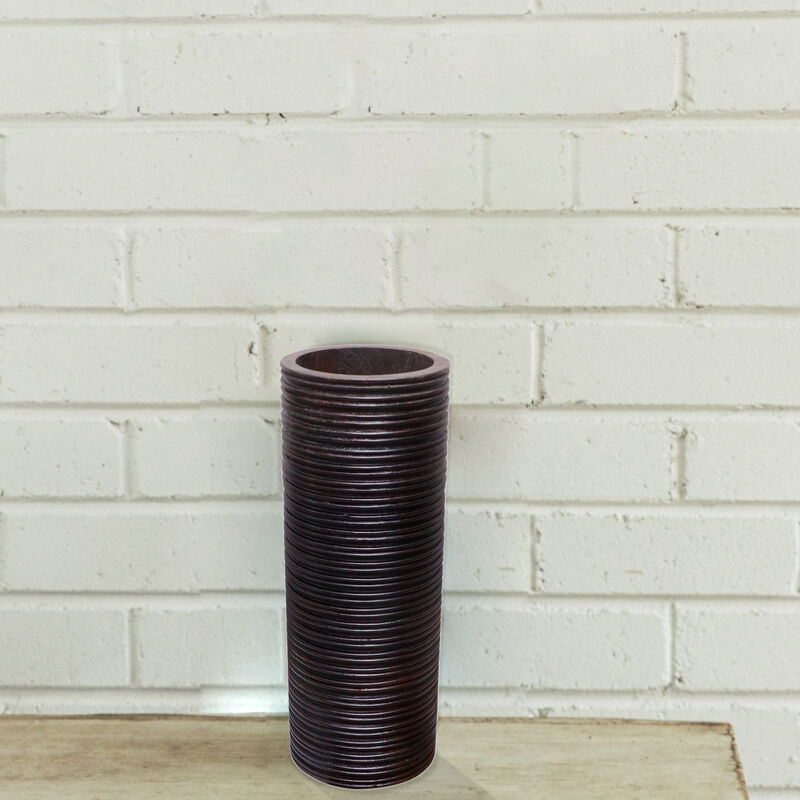 Brown Decorative Contemporary Mango Wood Ribbed Design Cylinder Shaped Table Vase, 16 Inch