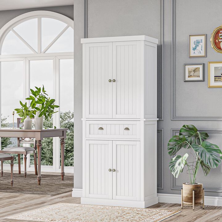 White Kitchen Pantry: 72" Freestanding Cabinet with Adjustable Shelves