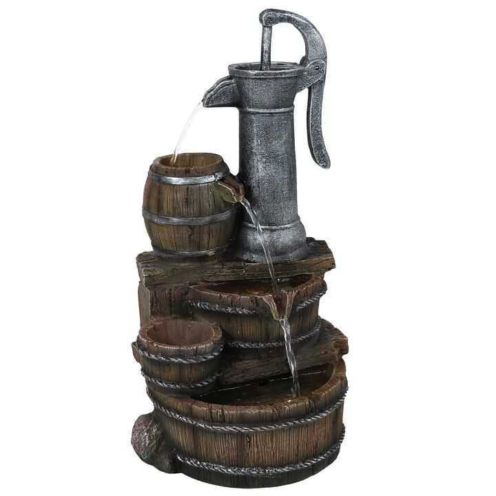 Sunnydaze Cozy Farmhouse Pump/Barrel Water Fountain with LED Lights - 23 in