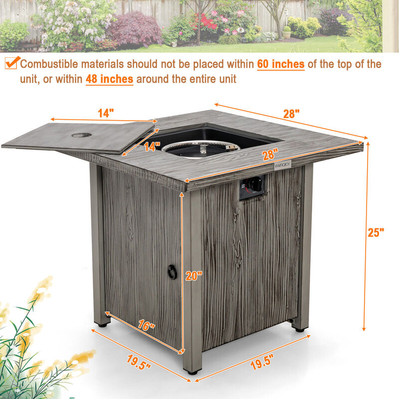 28 Inch 40 000 BTU Square Fire Pit Table with Lid and Lava Rocks-Gray
