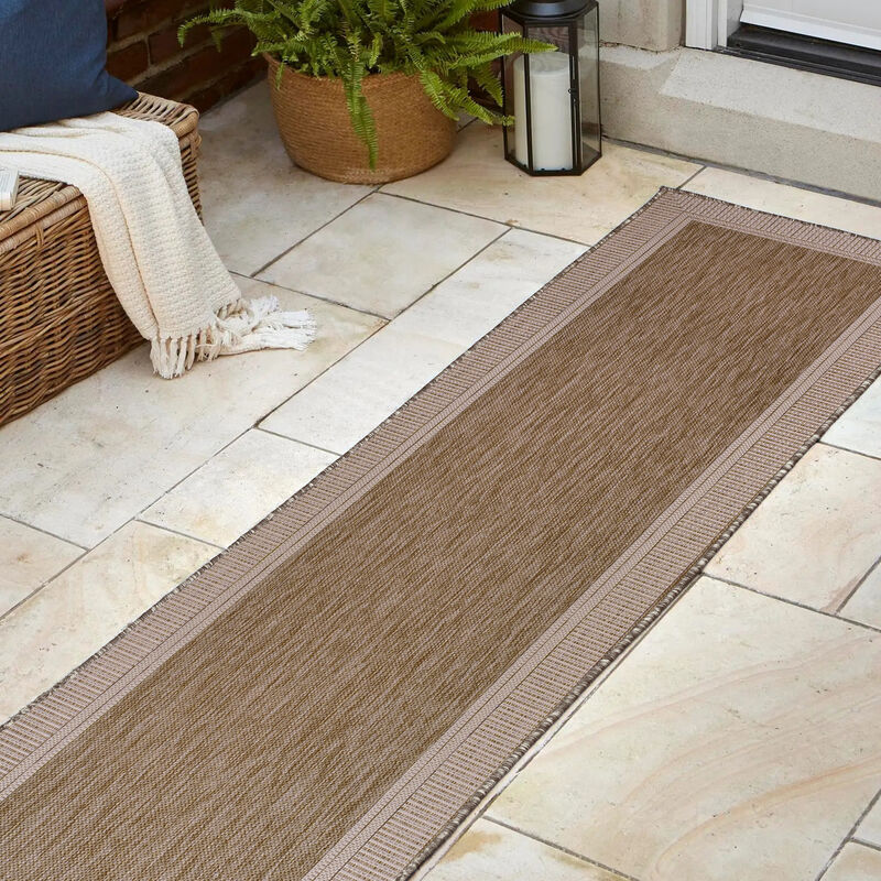 Hali Coastal Casual Wide Stripe Border Beige/Cream 2 ft. x 8 ft. Indoor/Outdoor Runner Rug