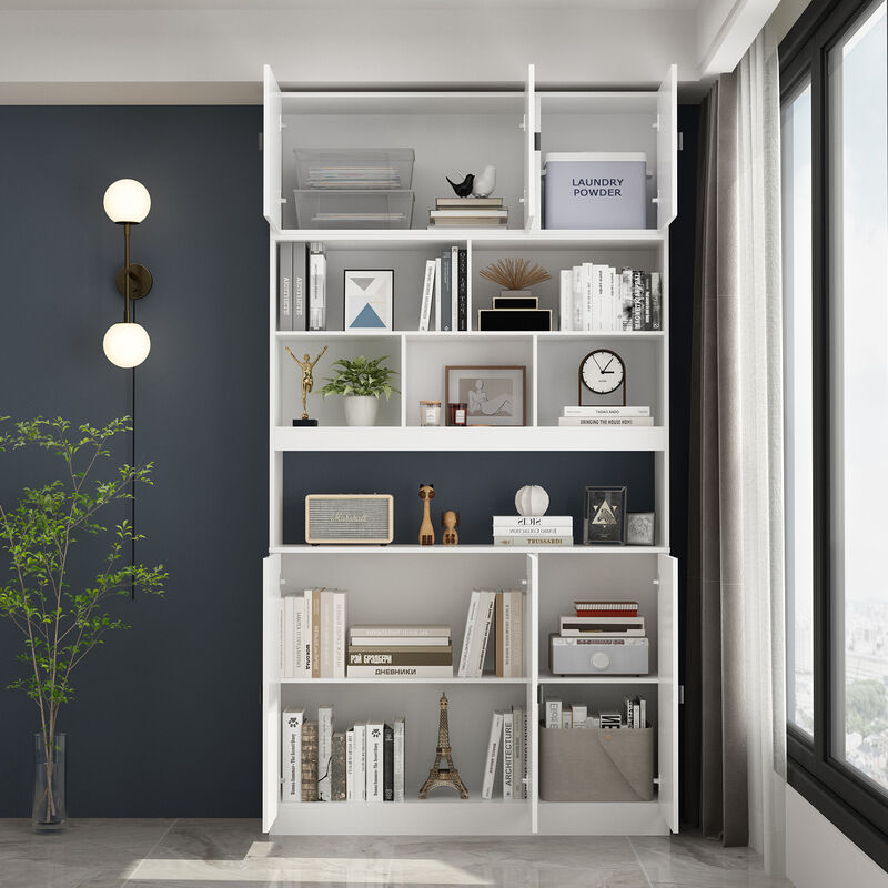 FUFU&GAGA Modern White Storage Shelf with Adjustable Shelves, P2 MDF, Glass Doors (47.2" W x 87.8" H x 12.2" D), White