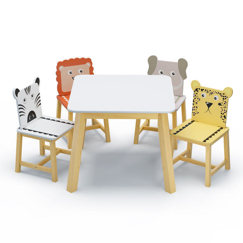 5 Piece Kiddy Table and Chair Set, Kids Wood Table with 4 Chairs Set Cartoon Animals (bigger table)（3-8 years old）