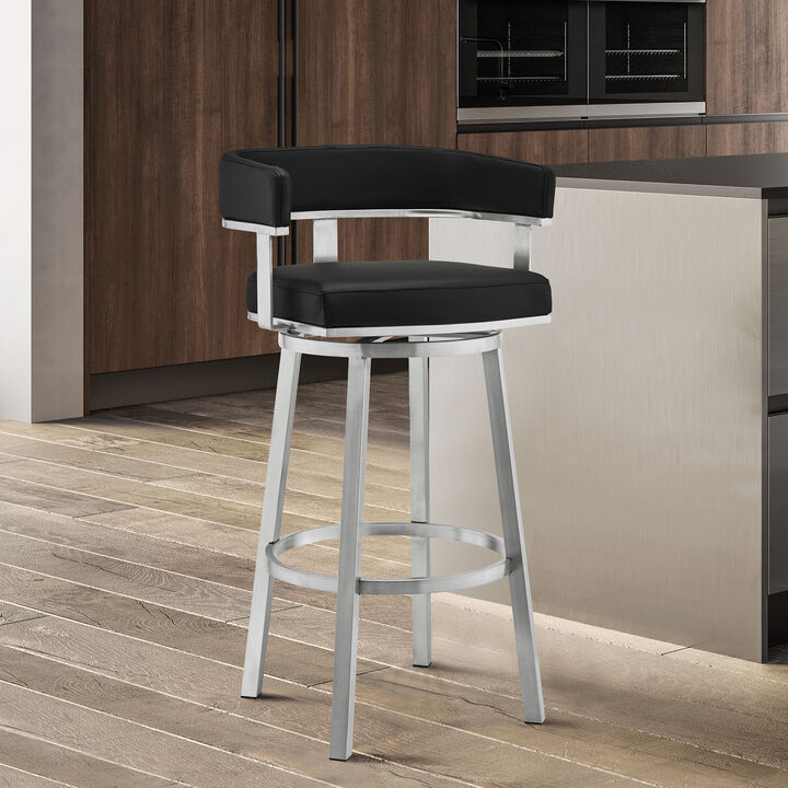 Cohen Bar Height Swivel Bar Stool in Silver Finish with White Faux Leather