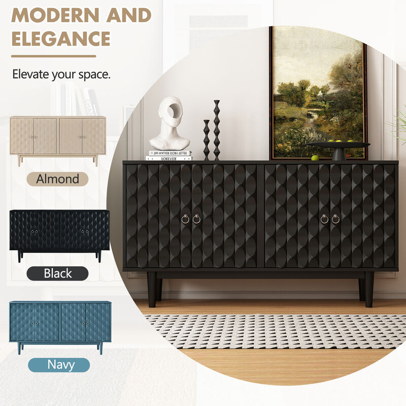 Clihome Modern 4-door Sideboard with Convex Pattern Doors and 2 Silver Handle for Living Room, Dining Room, Kitchen (Black)