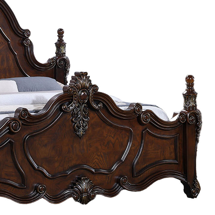 Frank King Size Bed, Carved Details, Finial Posts, Cherry Brown Solid Wood - Benzara