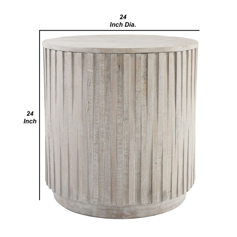 Mai 24 Inch Round End Table, Solid Wood, Fluted Design, Antique White-Benzara