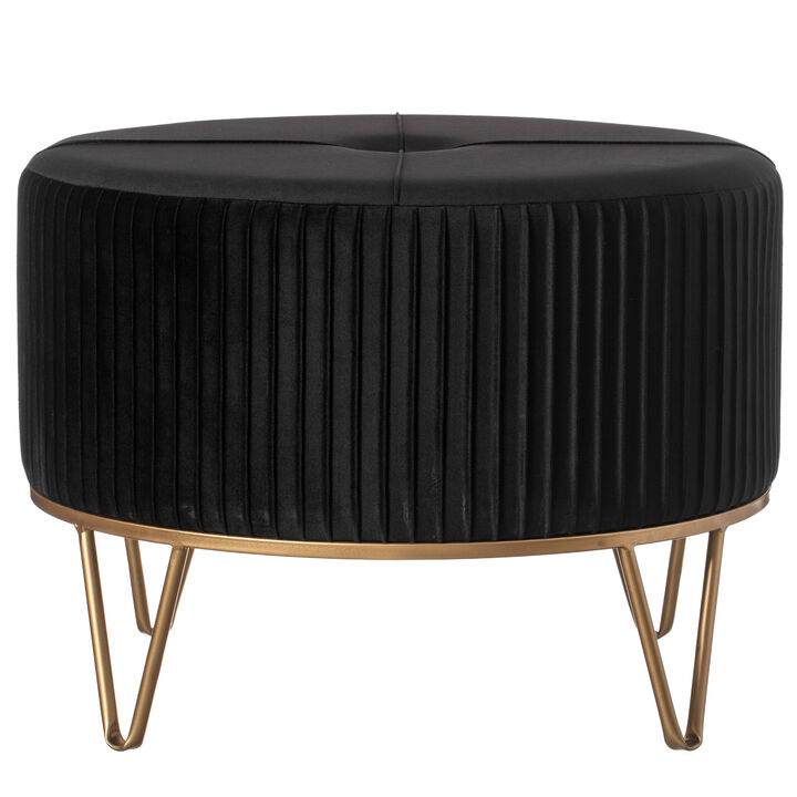 Round Velvet Ottoman Stool Raised with Hairpin Gold Base, Black, Large