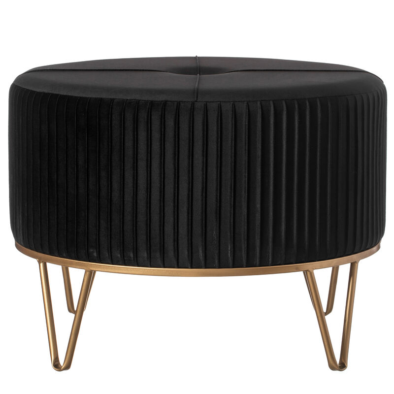 Round Velvet Ottoman Stool Raised with Hairpin Gold Base, Black, Large