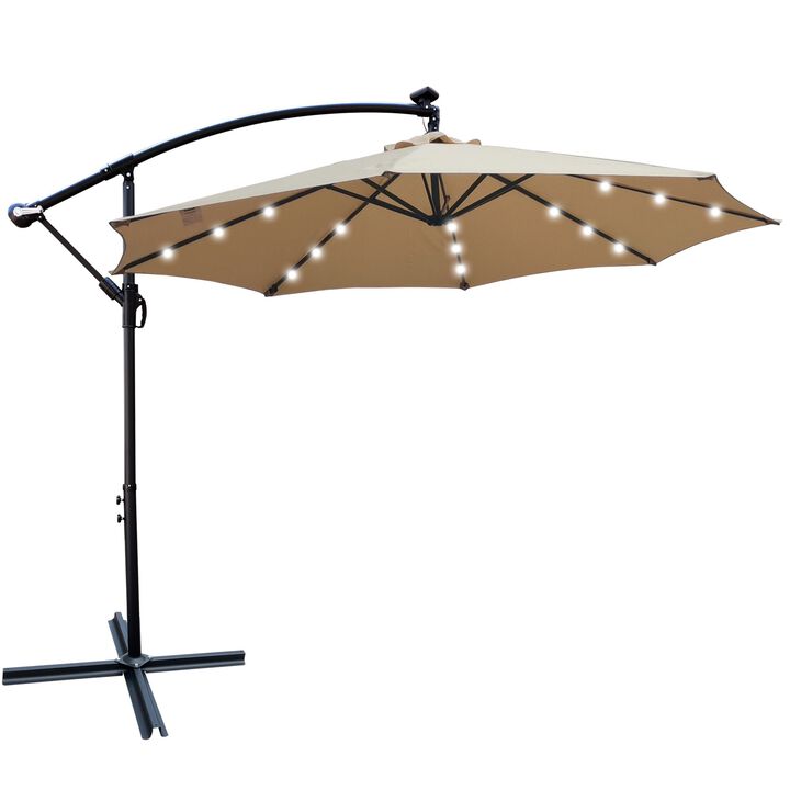 10ft Outdoor Patio Umbrella Solar Powered LED Lighted Sun Shade Market Waterproof 8 Ribs Umbrella with Crank and Cross Base - Garden Deck Backyard Pool Shade