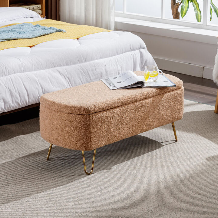 Camel Storage Ottoman Bench For End Of Bed Gold Legs, Modern Camel Faux Fur Entryway Bench