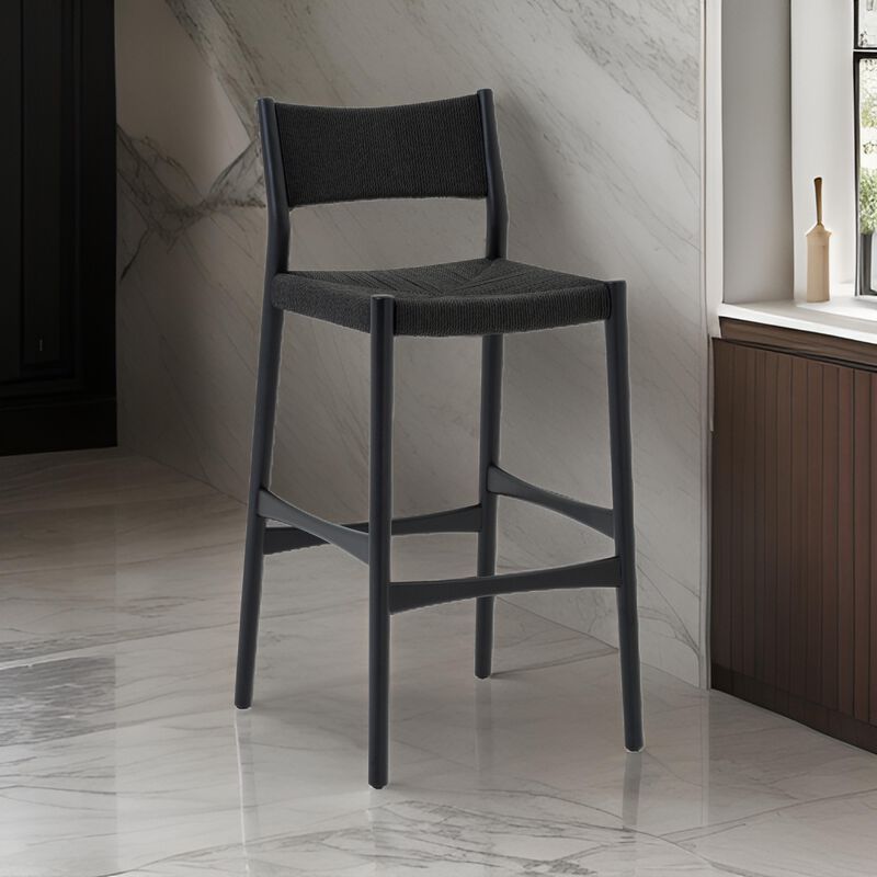 Rie Counter Stool Chair, Danish Inspired Panel Back, Black Woven Paper Cord - Benzara