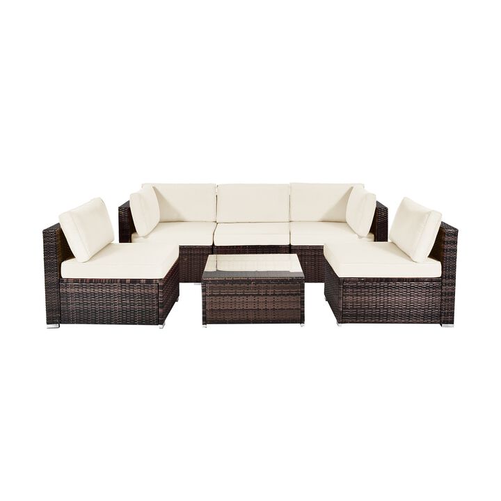 6 Pieces Patio Rattan Furniture Set with Cushions and Glass Coffee Table