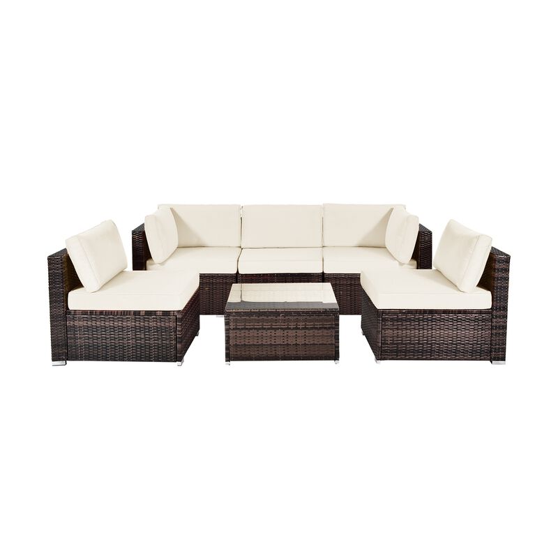 6 Pieces Patio Rattan Furniture Set with Cushions and Glass Coffee Table
