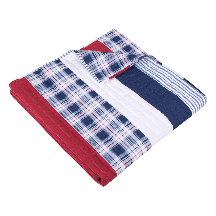 50 x 60 Quilted Throw Blanket, Cotton Fill, Solid, Plaid Stripes, Red, Blue