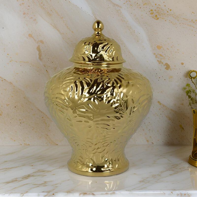Aniea 18 Inch Accent Temple Jar, Geometric Design, Dome Lid, Gold Ceramic - Benzara