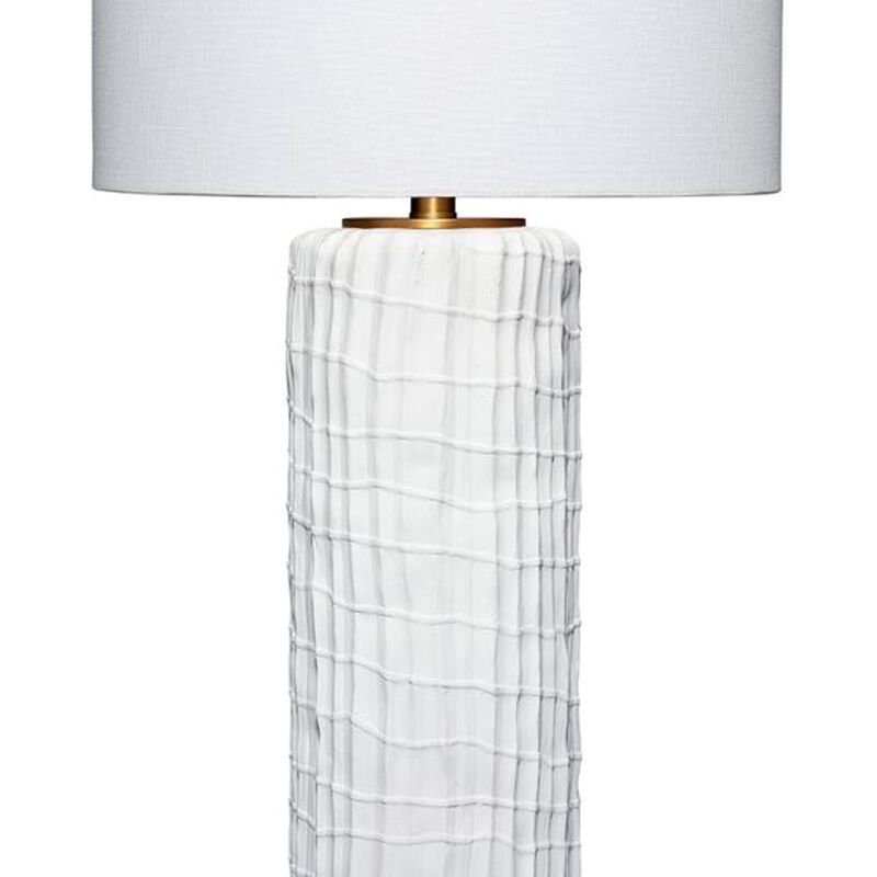 Mena 28 Inch Table Lamp, Round Drum Shade, Grid Pattern White Base - Benzara