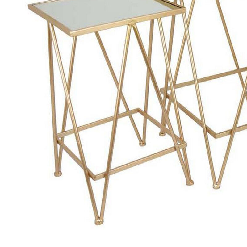 25 Inch Plant Stand Table Set of 3, Square, Metal, Mirror, Gold Finish - Benzara