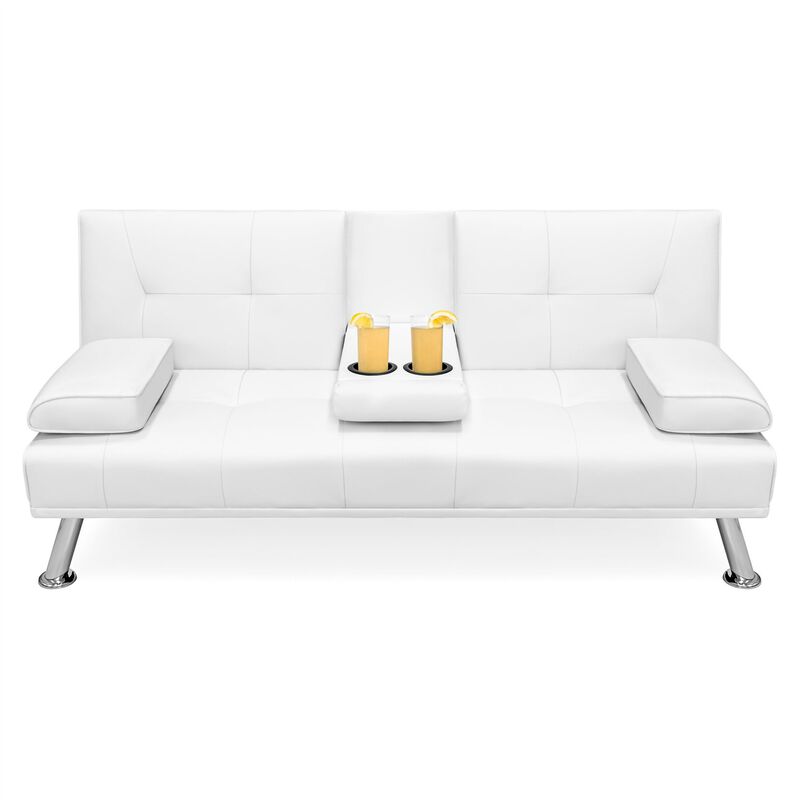 Faux Leather Sleeper Sofa – Convertible Futon with Foldable Cup Holder Armrest for Home & Apartment
