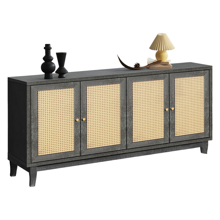 Handcrafted Rattan Sideboard Cabinet with 4 Doors and Adjustable Shelves