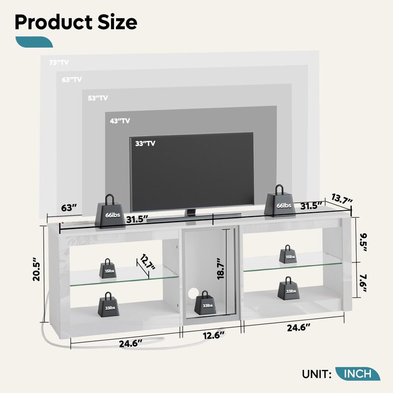 63'' Inch Bright White,High Gloss TV Stand for 70 inch TV with Power Outlets