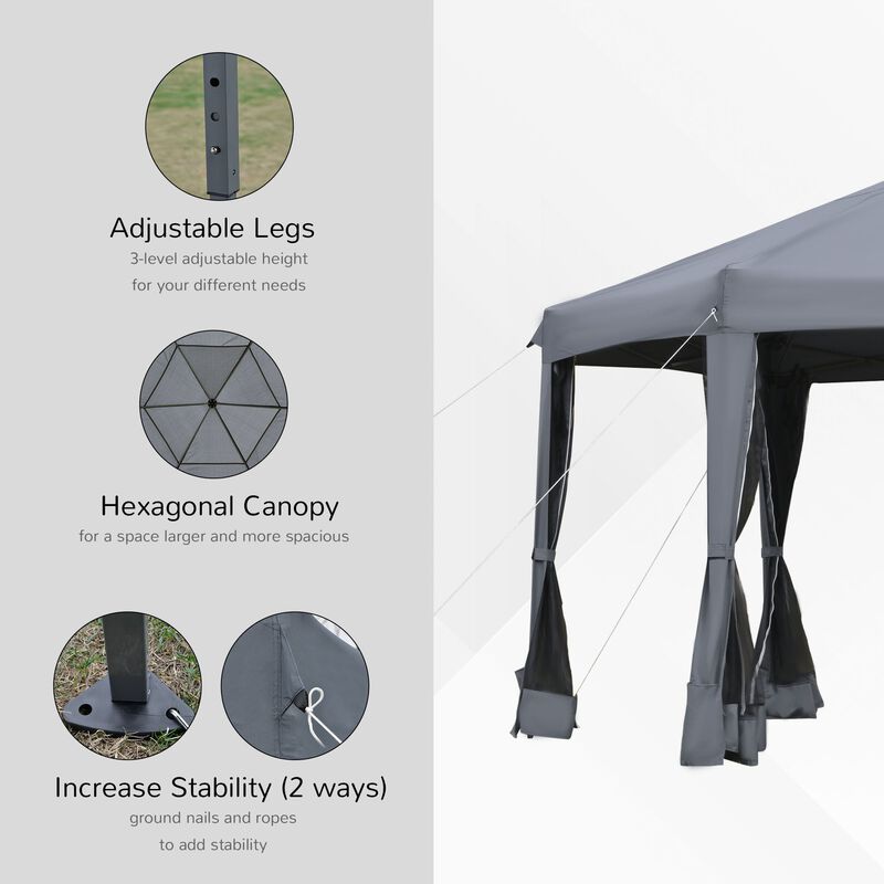 Grey Outdoor Shelter: 13'x13' Heavy Duty Hexagonal Pop Up Canopy with Mesh Walls
