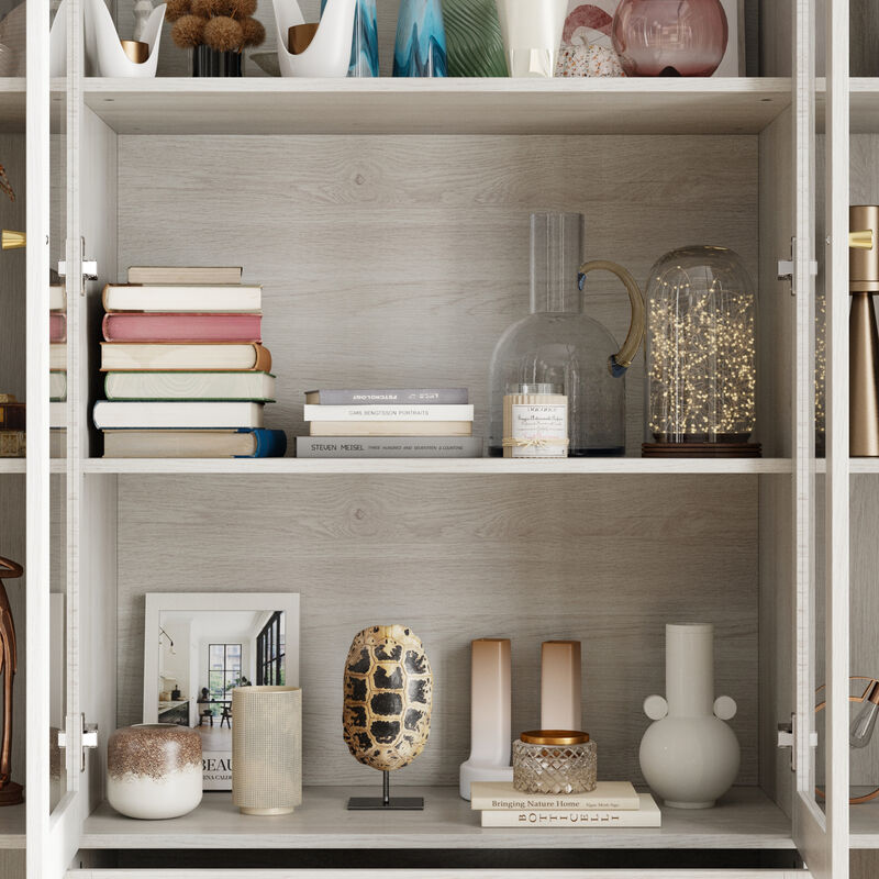 FUFU&GAGA Modern Wood Grain Bookcase with Adjustable Shelves and Lockable Drawers (63" W x 70.9" H x 15.7" D), Elegant Glass Doors and Wood Grain