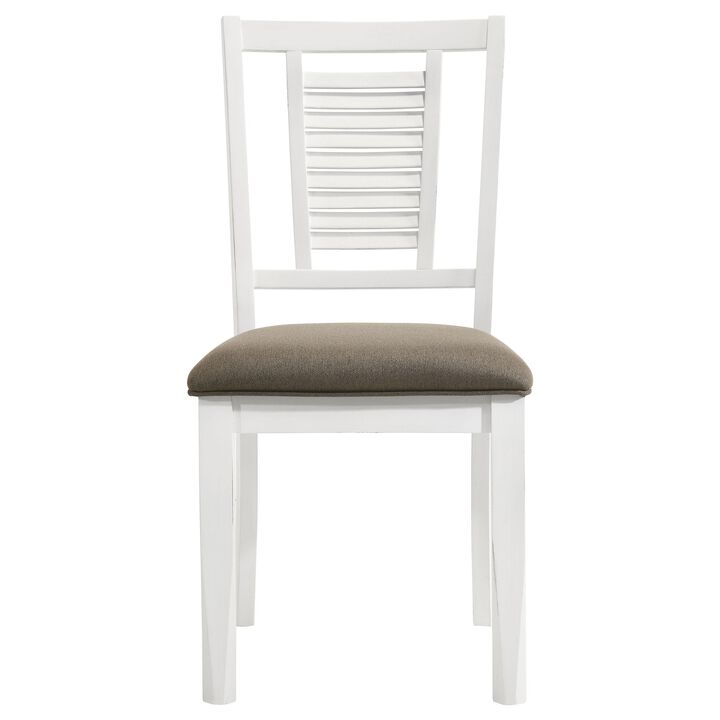 Tonie Dining Chair Set of 2, Dark Brown Fabric, Distressed White Wood - Benzara