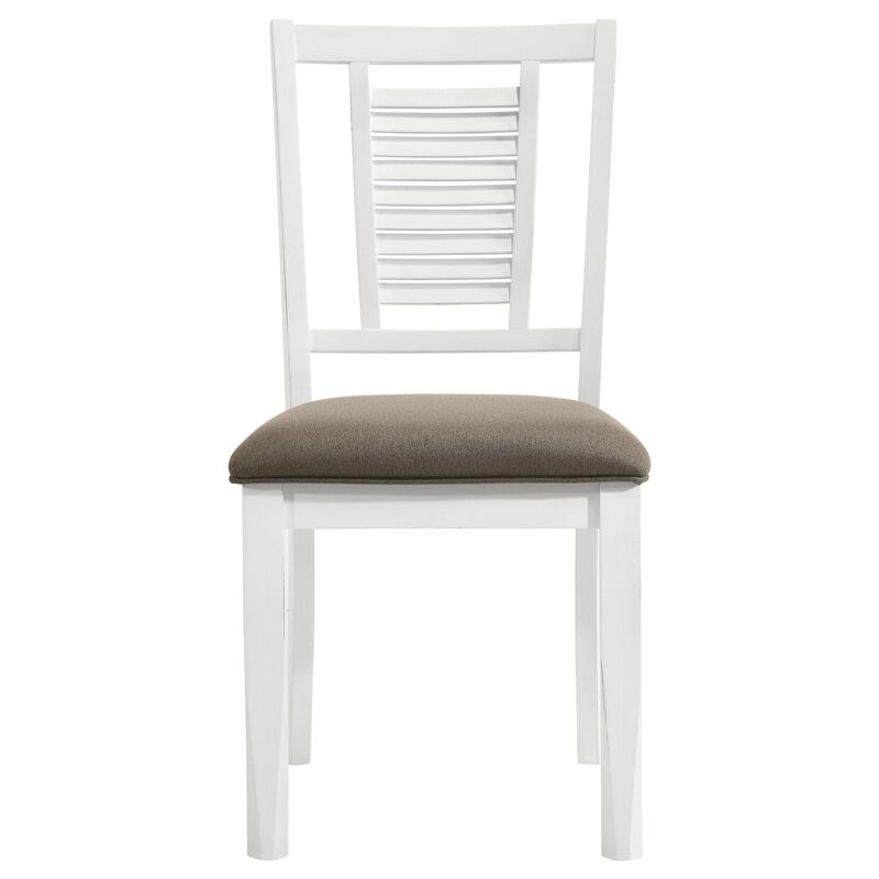 Tonie Dining Chair Set of 2, Dark Brown Fabric, Distressed White Wood - Benzara