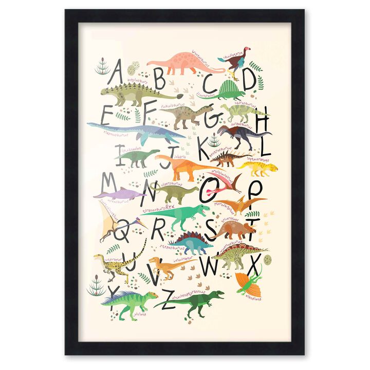 12x18 Framed Nursery Wall Art Dinosaur ABC Poster In Black Wood Frame For Kid Bedroom or Playroom