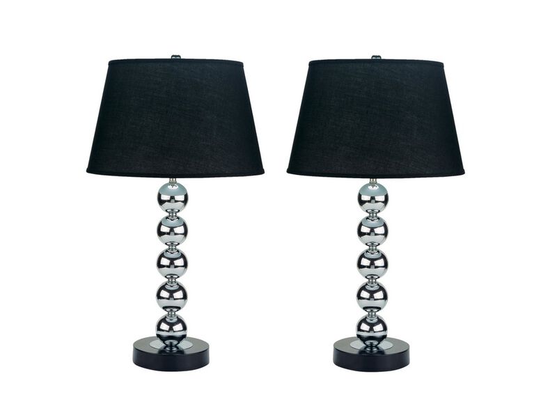 27 Inch Modern Table Lamp, Spindle Design Body, Set of 2, Black, Chrome - Benzara