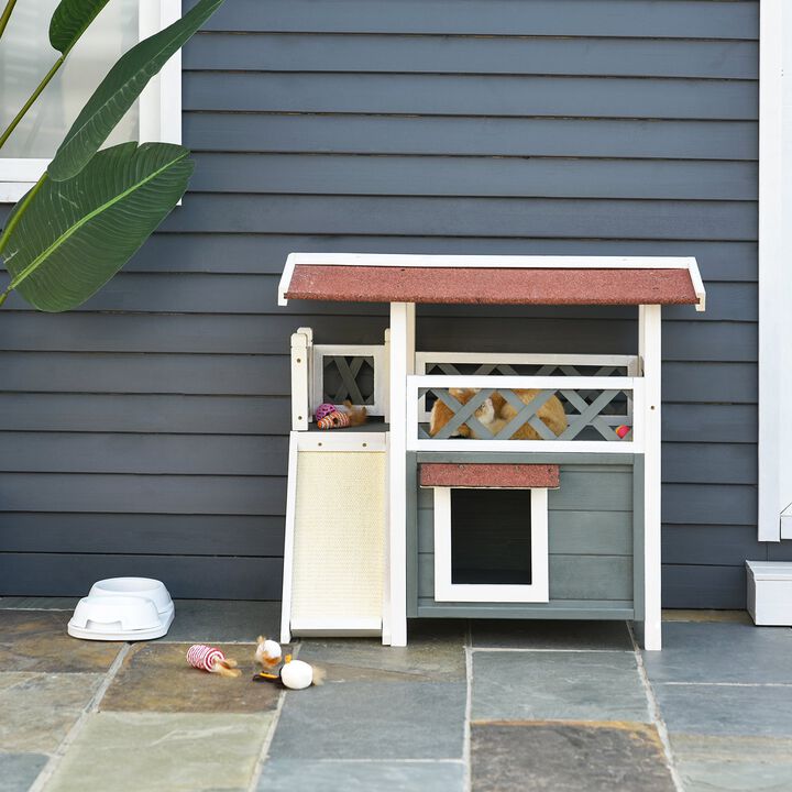 Grey/White Cat Castle: 2-Story Outdoor Shelter with Sisal Ramp