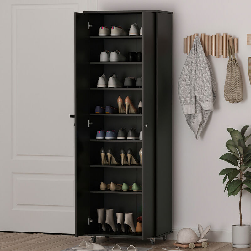 23.6 in. W x 70.9 in. H 24-Pair Black Wood 2-Door Shoe Storage Cabinet with Wheels