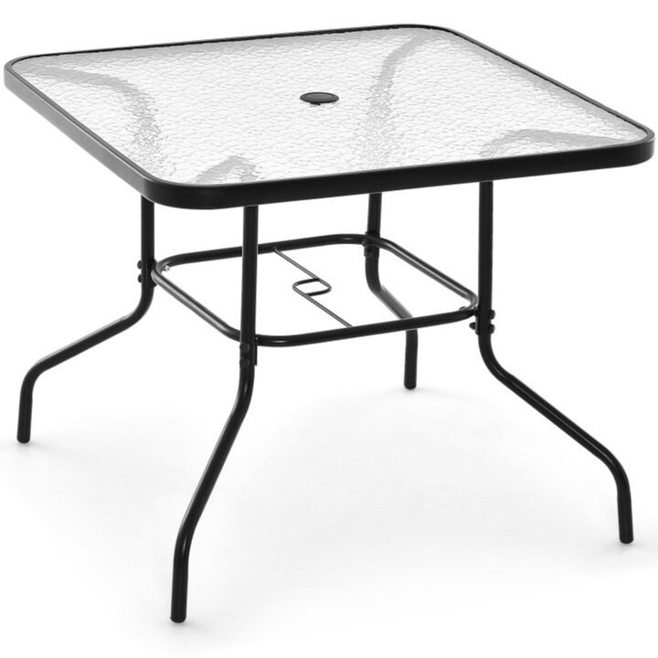 Hivvago 34 Inch Outdoor Dining Table Square Tempered Glass Table with 1.5 Inch Umbrella Hole