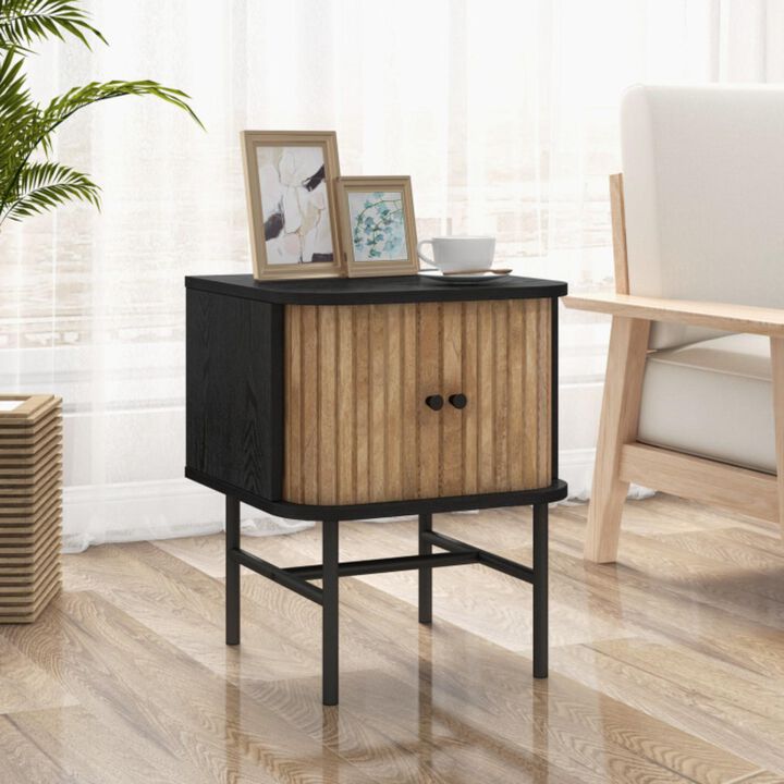 Hivvago Mid-century Modern Nightstand with Sliding Doors and Storage Cabinet