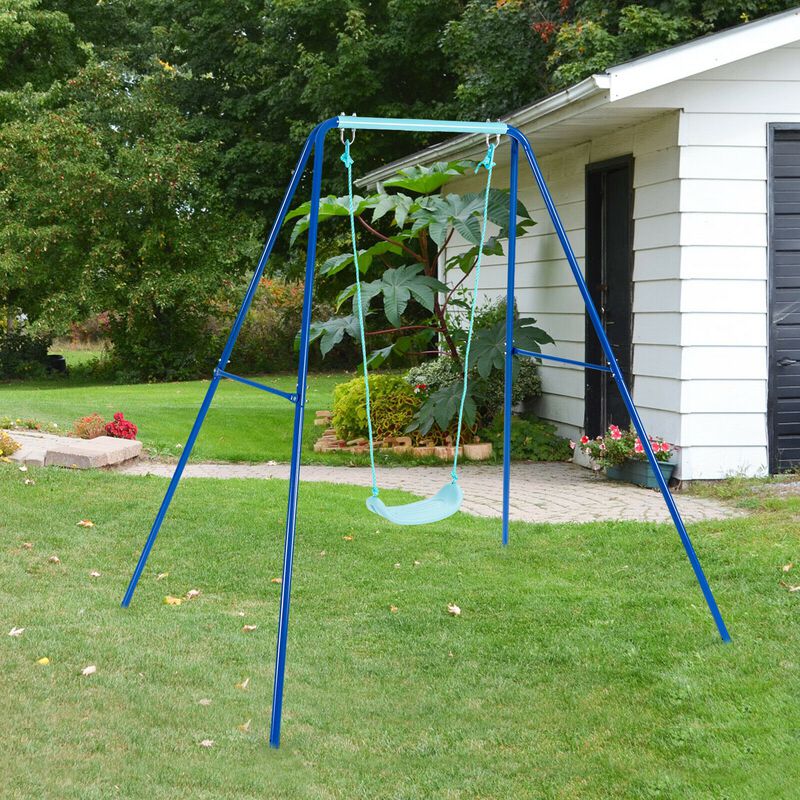 Outdoor Kids Swing Set with Heavy-Duty Metal A-Frame and Ground Stakes