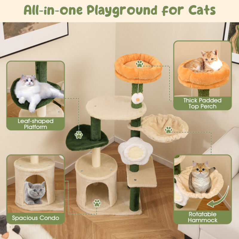 Cute Flower Cat Tree Modern Kitty Tower with Plush Top Perch