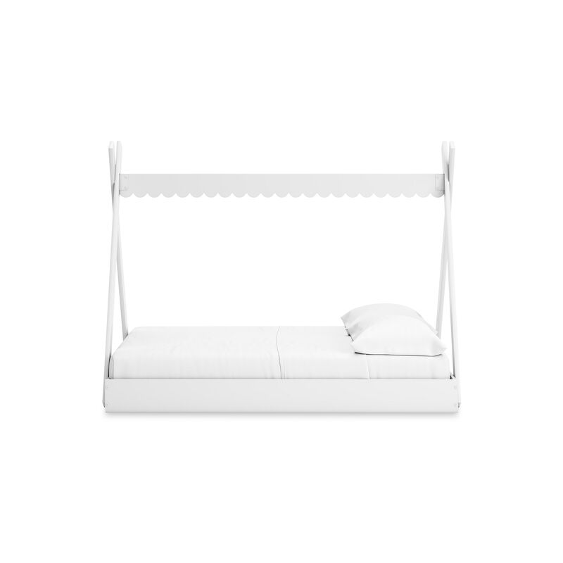 Kally Full Size Floor Bed, Tent Style Design, Matte White Wood - Benzara