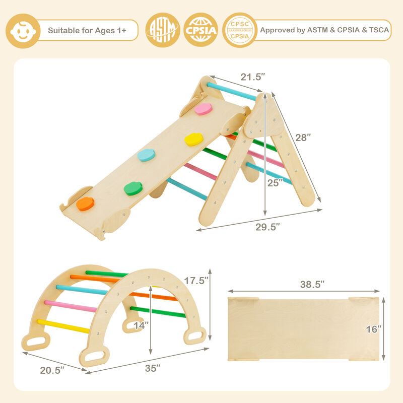2-in-1 Wooden Kids Climber Toys with Triangle Arch Ramp