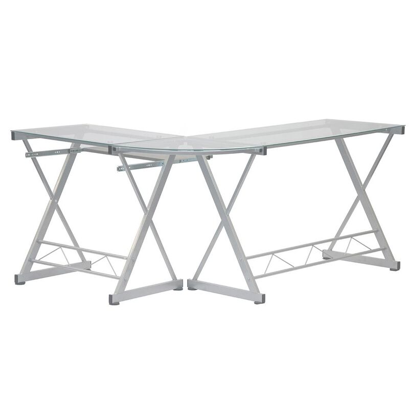 Techni Mobili L-Shaped Tempered Glass Top Computer Desk With Pull Out Keybaord Panel. Color: Clear