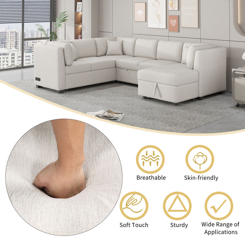 Merax U-shaped Sectional Sofa Pull Out Sofa Bed with 2 USB Ports