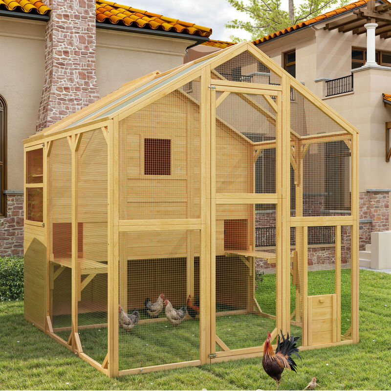 FUFU&GAGA Wood Convertible Chicken Coop & Rabbit Hutch with Triangular Top, Outdoor Mesh Design, and Weather-Resistant Features, (72.6" L x 66.5" W x 74.1" H), Yellow