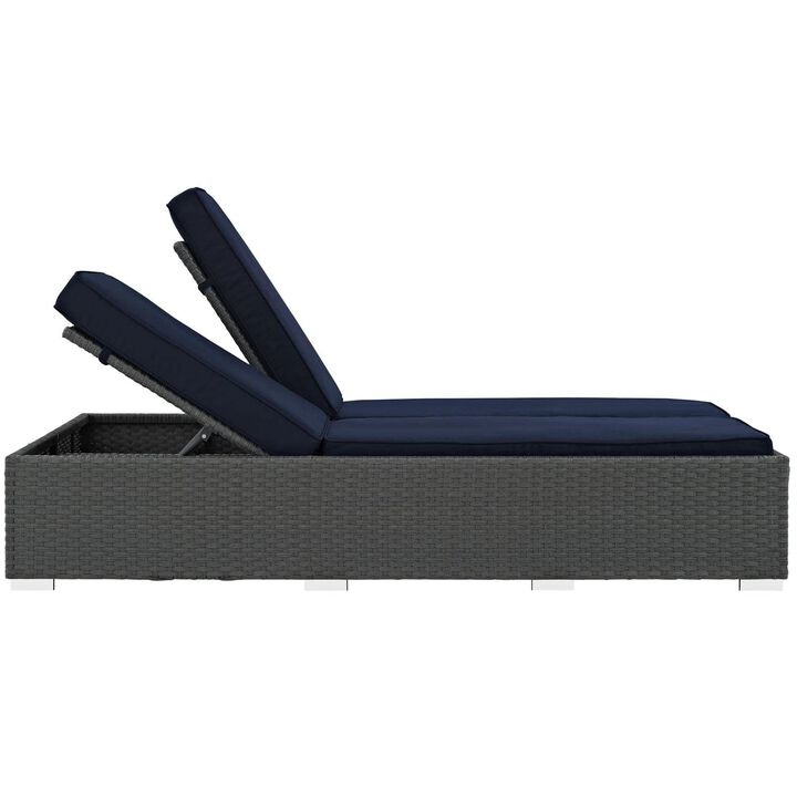 Modway Sojourn Wicker Rattan Outdoor Patio Sunbrella Fabric Double Chaise in Chocolate Navy